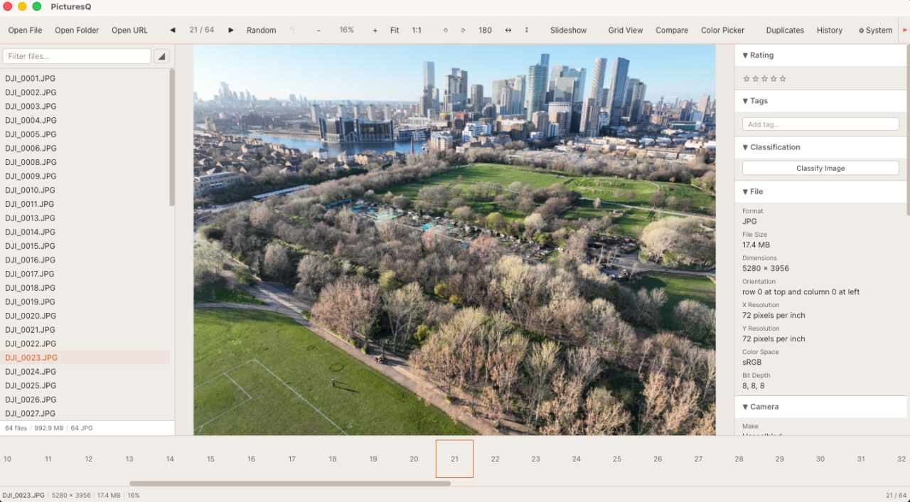 PicturesQ screenshot showing large image preview, folder list, metadata panel, and bottom filmstrip
